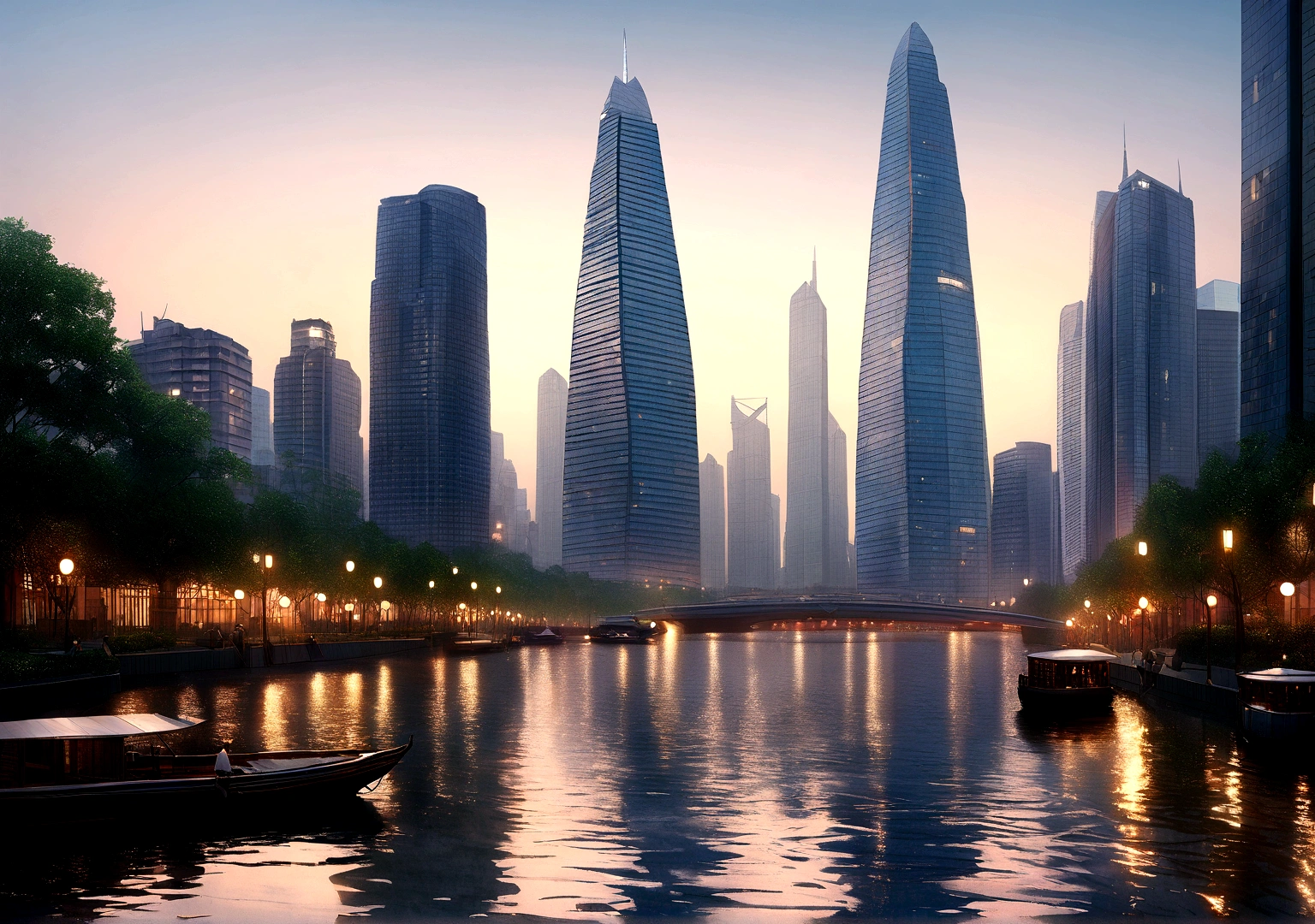 Shanghai skyscrapers The water is half the height of the building Photorealistic Highest quality