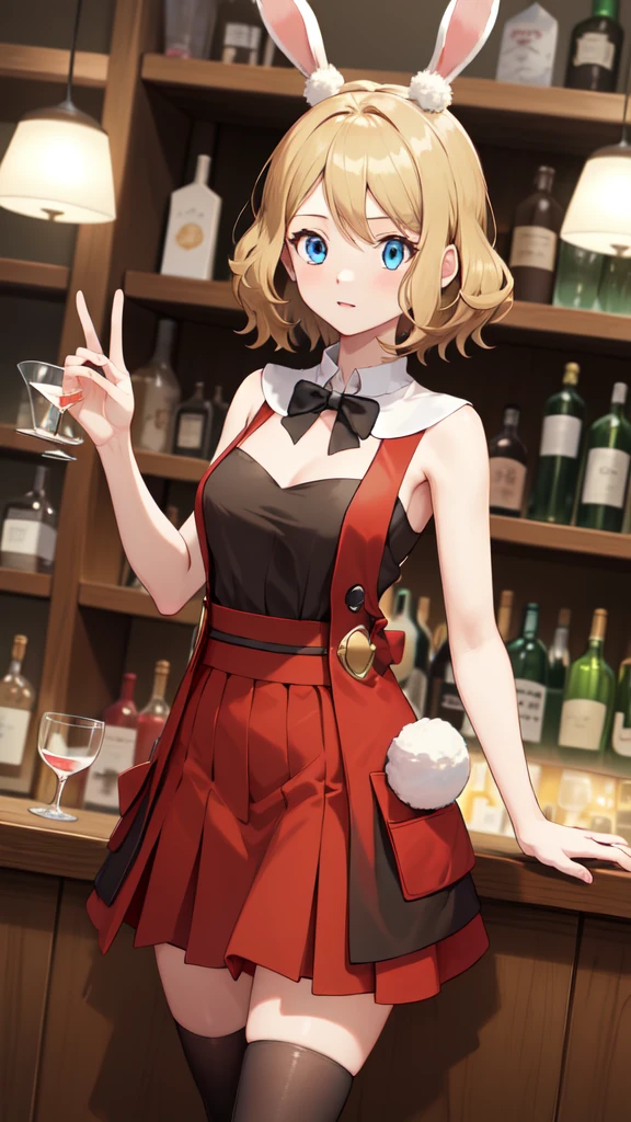 gonzarez, masterpiece, Serenaj, 1girl,l solo,
blue eyes, blonde hair, medium hair, open eyes, bar background, bunny girl, bunny girl outfit