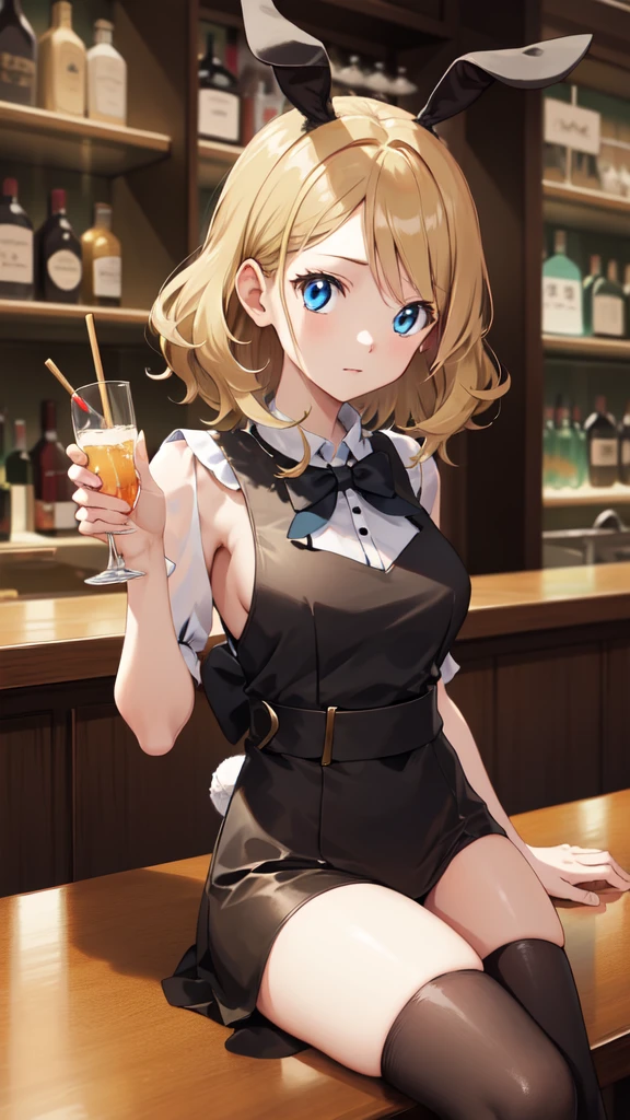gonzarez, masterpiece, Serenaj, 1girl,l solo,
blue eyes, blonde hair, medium hair, open eyes, bar background, bunny girl, bunny girl outfit
