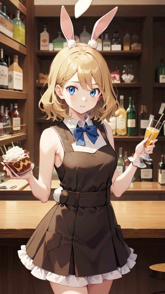 gonzarez, masterpiece, Serenaj, 1girl,l solo,
blue eyes, blonde hair, medium hair, open eyes, bar background, bunny girl, bunny girl outfit