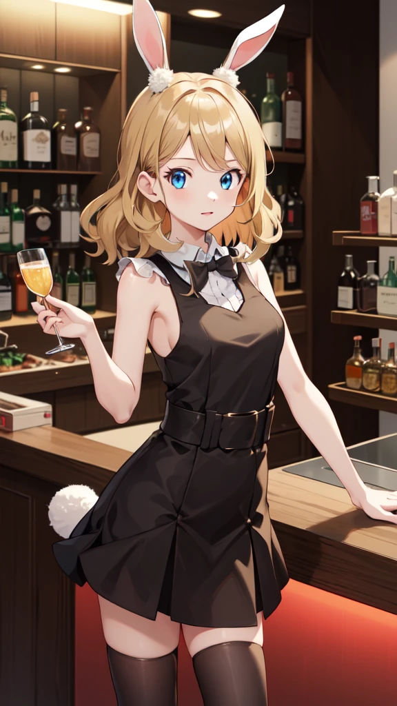 gonzarez, masterpiece, Serenaj, 1girl,l solo, 
 blue eyes, blonde hair, medium hair, open eyes, bar background, bunny girl, bunny girl outfit 