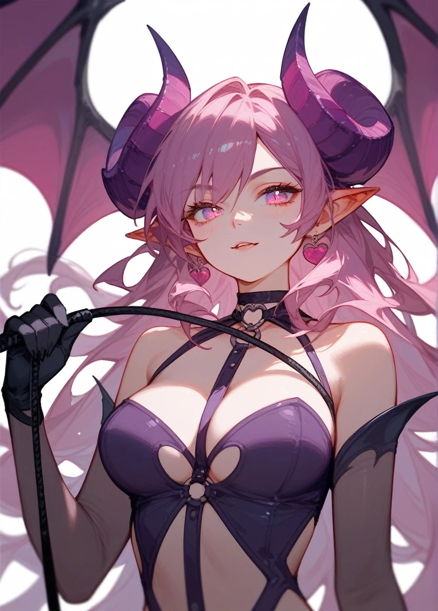 (Fraction_9,Fraction_8_Direction_7_up),1 Woman,whole body,Succubus,魔兽世界里的Succubus,There are monster horns on the head,Pink purple long horn,With a whip in his hand,The chest is covered with bat wings,beautiful_Face,Bat wings behind, Cat's Tail,Chains on the body,