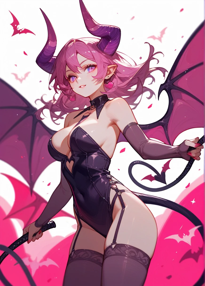 (Fraction_9,Fraction_8_Direction_7_up),1 Woman,whole body,Succubus,魔兽世界里的Succubus,There are monster horns on the head,Pink purple long horn,With a whip in his hand,The chest is covered with bat wings,beautiful_Face,Bat wings behind, Cat's Tail,Chains on the body,