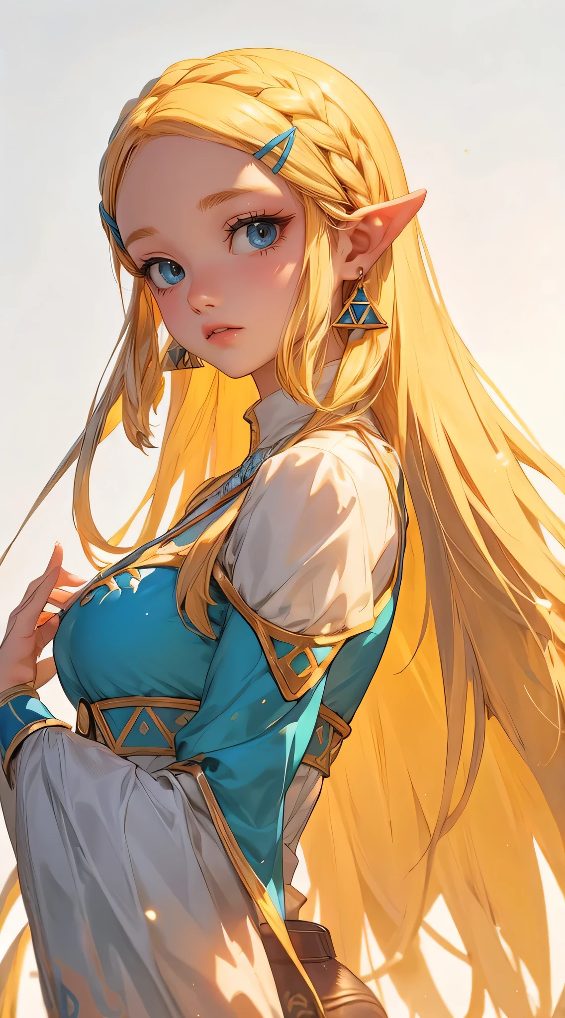 zelda from the legend of zelda, detailed character portrait, beautiful detailed eyes, beautiful detailed lips, extremely detailed face, long eyelashes, intricate costume design, holding master sword, master swordsman, princess of hyrule, in the style of shigeru miyamoto and takashi tezuka, vibrant colors, fantasy, cinematic lighting, highly detailed, 8k, best quality, masterpiece