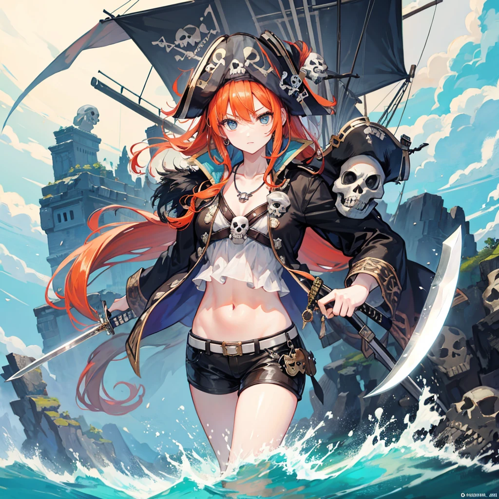 ((((pirate女帝　Skull Island　Holding a sword))))　(((Skull pattern　pirate)))　((Boat　Orange Hair　blue eyes))　((necklace　Boatの上))　(noon　sun　cloud)　Catch the wind　Shining Background　Particles of light