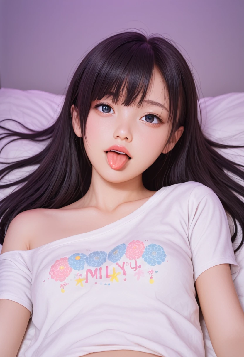 ollarbone,pastel colors t-shirt,off-shoulder look,bare shoulder,midriff peek,micro shorts,open mouth,(tongue out:2),lying,front view,upper body,Embarrassed,(1girl,Beautiful 14 year old girl),((Slender,Small breasts,Small face,)),(looking at viewer),Black Hair,bangs,straight,Beautiful and detailed,(Dimly lit room:1.5),Weak white lighting,Simple Background,White bed,pillow,best quality,Brilliant Quality