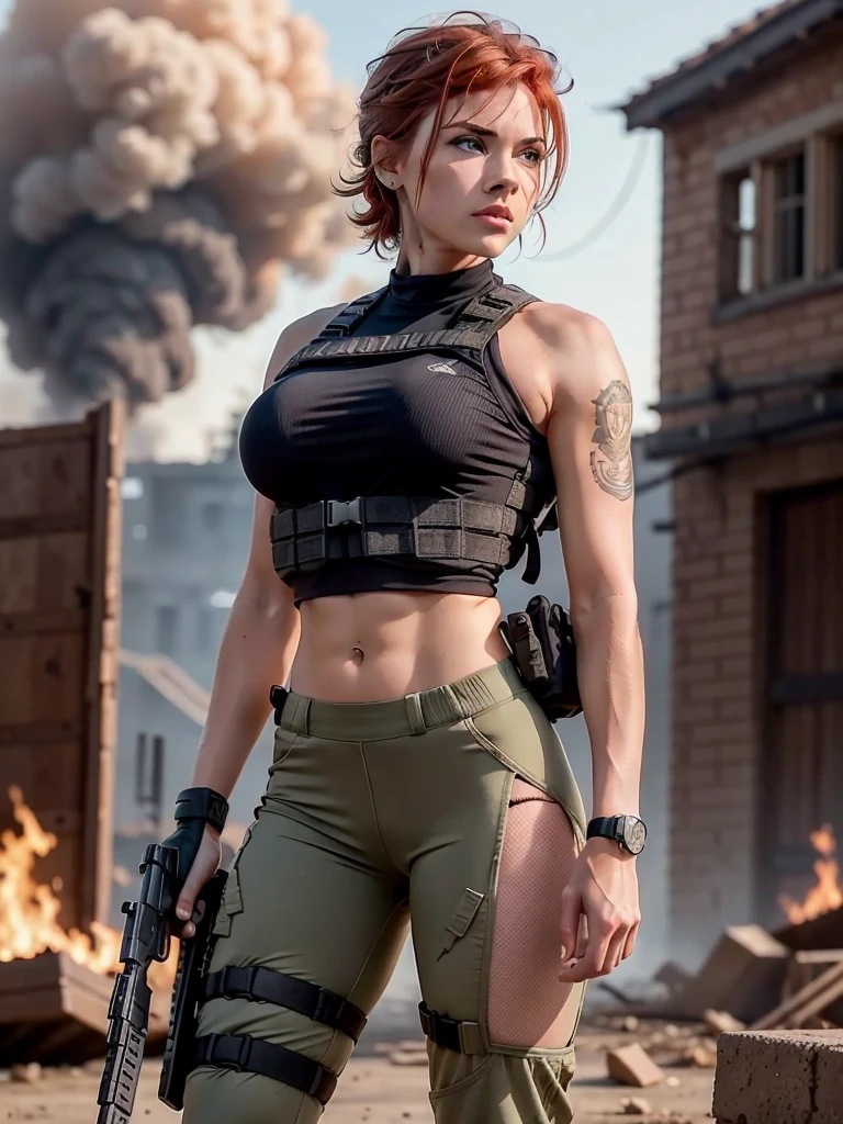 Superior quality, 4k), Official Art, 8k, wallpaper, Ultra detailed, 25 year old soldier girl, European, Caucasian, very pretty, goddess of beauty, carved face, detailed eyes, full body front view in foreshortened view. Expression of fierceness and determination, Universal Camouflage Pattern tactical combat uniform, Universal Camouflage Pattern tight pants, with tactical combat vest with a lot of chest, big chest, chest in the shape of a falling tear, narrow waist, powerful ass, round and beautiful ass, sexy, challenging and dynamic posture, fit, fitness woman, tattoos, tattoos on arms, tactical headset earphone, Short black pixie hair with very orange-red bangs. She is holding an AR15 assault rifle with a navy blue camouflage pattern in her hands. Tactical assault combat scene, Clear image from the movie BlackHawk Down, Background of a destroyed city, explosions and smoke, while a fierce house-to-house battle takes place