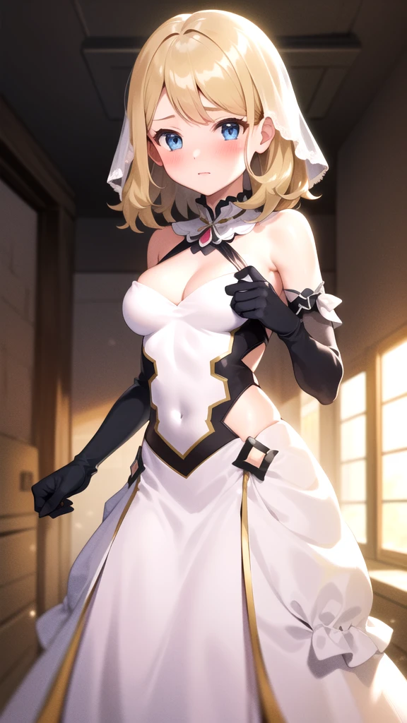 gonzarez, masterpiece, Serenaj, 1girl,l solo,
blue eyes, blonde hair, medium hair, open eyes, wedding dress, cute, blush, medium breast, elbow gloves, beautiful background