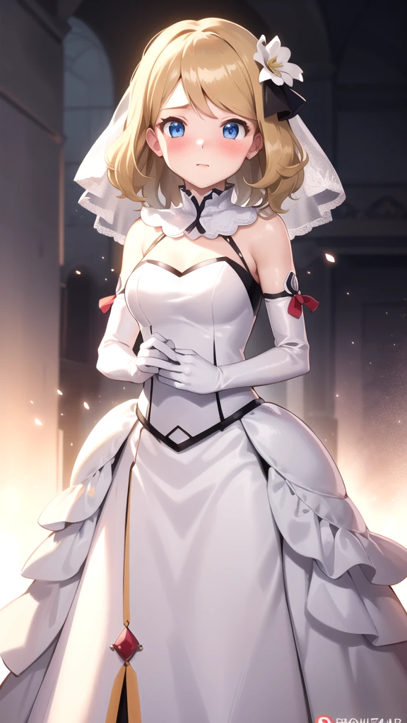 gonzarez, masterpiece, Serenaj, 1girl,l solo,
blue eyes, blonde hair, medium hair, open eyes, wedding dress, cute, blush, medium breast, elbow gloves, beautiful background