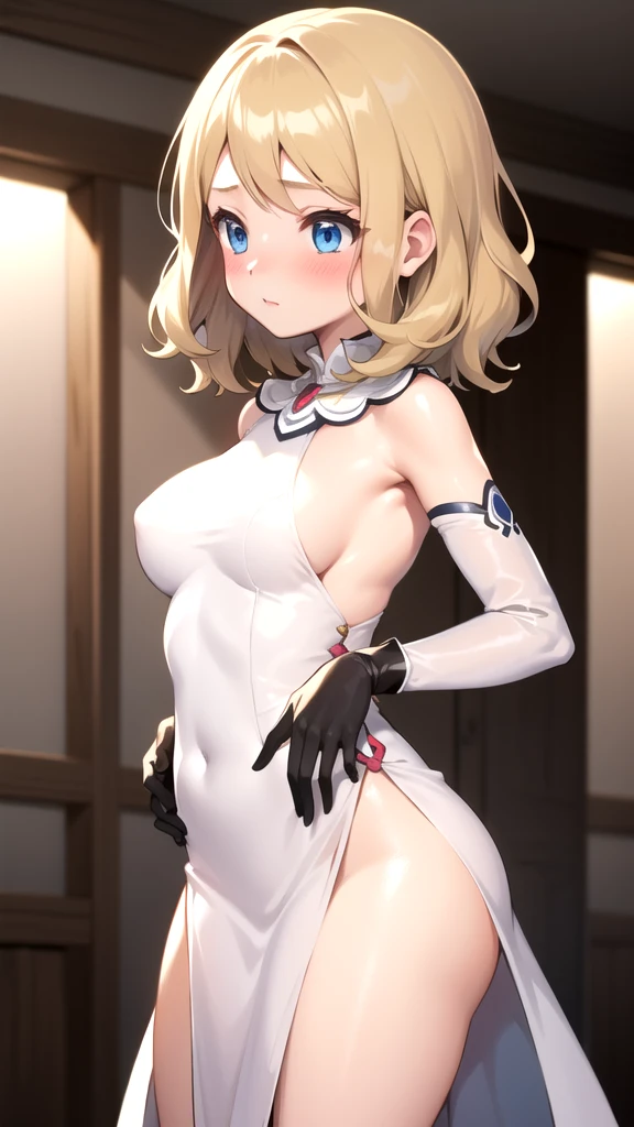 gonzarez, masterpiece, Serenaj, 1girl,l solo,
blue eyes, blonde hair, medium hair, open eyes, wedding dress, cute, blush, medium breast, elbow gloves, beautiful background