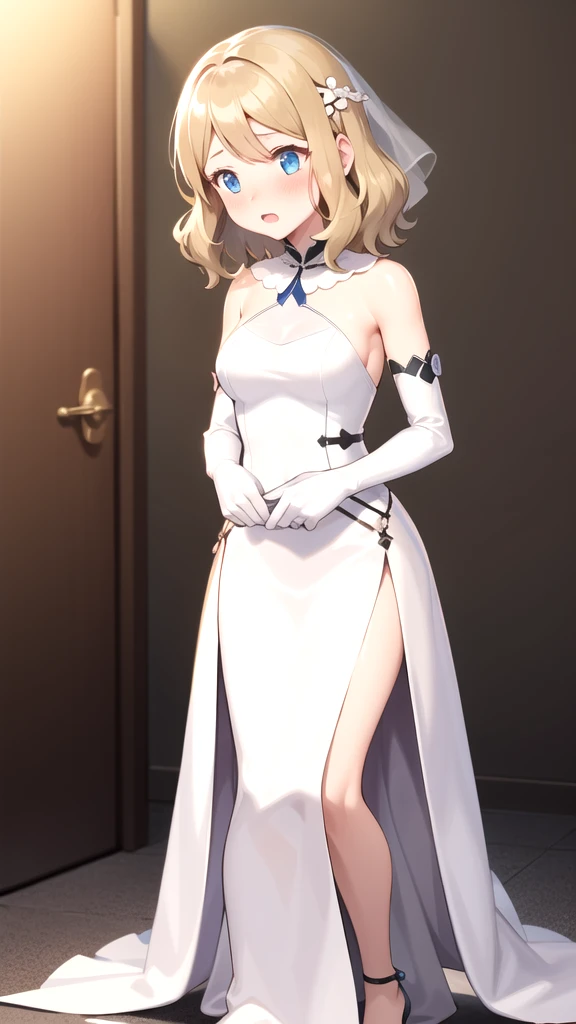 gonzarez, masterpiece, Serenaj, 1girl,l solo,
blue eyes, blonde hair, medium hair, open eyes, wedding dress, cute, blush, medium breast, elbow gloves, beautiful background