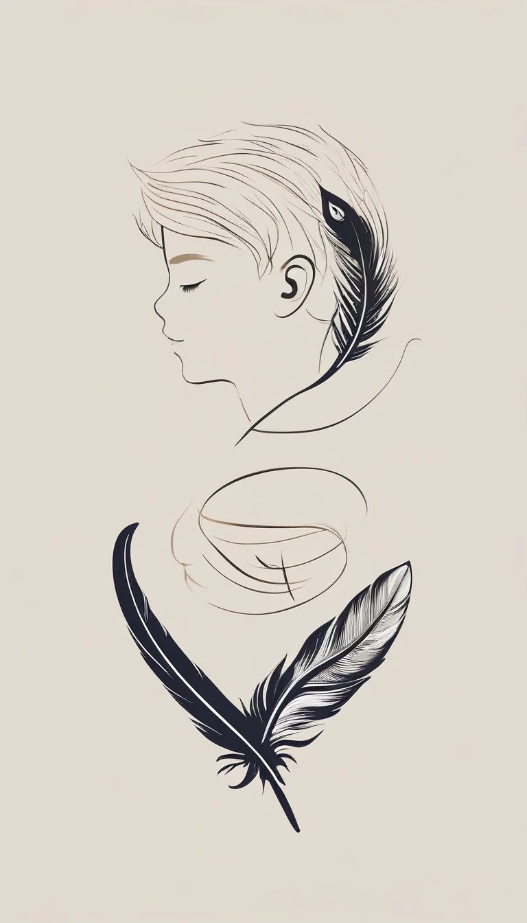 A minimalist, fantastic, poetic, dreamy, captivating, memorable, masterpiece, modern, simple logo design of a boy and a feather for the brand “Penamemoria". The logo must convey a sense of music, stories and dreams. Minimalistic logo design of a boy and a feather.