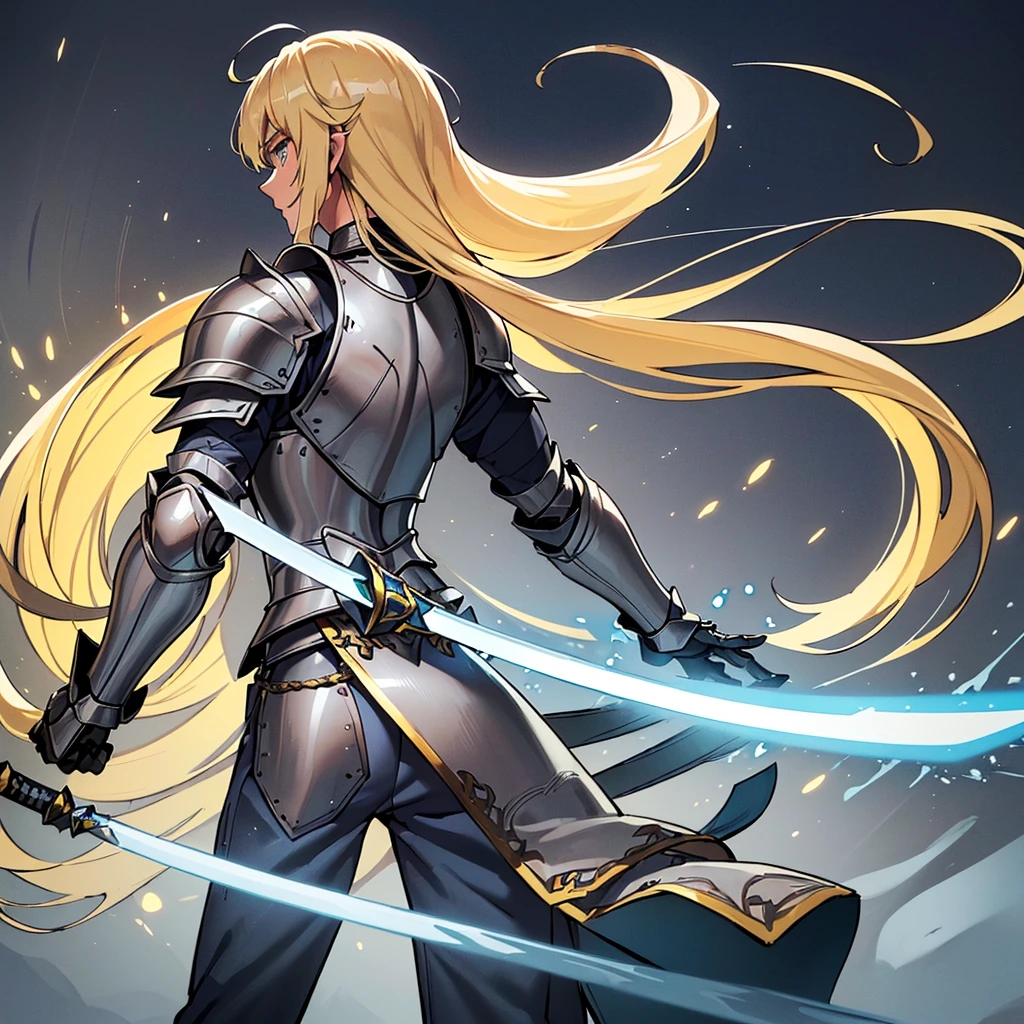((((Solo))))、Highest quality, Best Quality, Best illustrations, (((Grey Armor)))、(((Blond long hair man、Long-haired man、male、24-years-old、Cool guy)))、(Medieval Knight)、(Navy blue trousers)、(get annoyed)、Glowing blue aura、(Grab the glowing yellow sword、Ready your sword)、Movement angle、(From the back、Back view、back view)