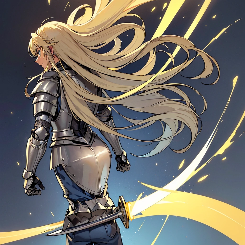 ((((Solo))))、Highest quality, Best Quality, Best illustrations, (((Grey Armor)))、(((Blond long hair man、Long-haired man、male、24-years-old、Cool guy)))、(Medieval Knight)、(Navy blue trousers)、(get annoyed)、Glowing blue aura、(Grab the glowing yellow sword、Ready your sword)、Movement angle、(From the back、Back view、back view)