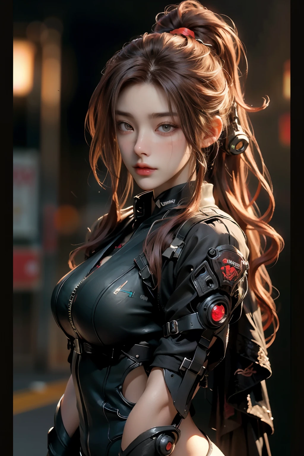 ((best quality)), ((Masterpiece)), (details:1.4), 3d, Image of a beautiful cyberpunk woman., HDR (high dynamic range), long hair, red hair, future police, PBR surface,After processing,Anisotropic filtration,depth of field, Maximum clarity and clarity, multi-layered surface, perfect proportions, 8K raw files, รอยแผลเป็นบนใบหน้า