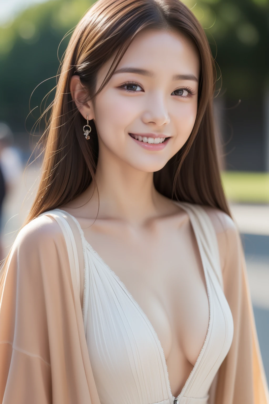 (8K、Raw photography、top-quality、masuter piece:1.2)、Ultra-detail、ultra res、(realisitic、rialistic photo:1.37)、portlate、high-definition RAW color photography、Professional Photography、highly detailed and beautiful、ighly detailed、8K Wallpapers、amazing detailed、huge filesize、Official art、Highly detailed CG Unity 8K wallpapers、highly detailed beautiful girl、extra detailed face、extremely detailed eye、highlydetailed skin、extremely detailed fingers、highly detailed nose、very detailed detailed mouth、Perfect Anatomy、highly detailed back ground、Highly detailed clothing、1 girl、(18:1.2)、、Cute s、famous Japan idol、cute little、Realistic body、Petite、white-skinned、glistning skin、Slim body、Handsome bbrown haired、Straight Long、A smile、kawaii、zora々Right、kawaii faces、Lifelike face、Delicat eyes、Sauce order、Onepiece、耳Nipple Ring、Looking at the camera、cowboy shot、front facing、Standing、Contrapo, high street, public, Dynamic Lighting,