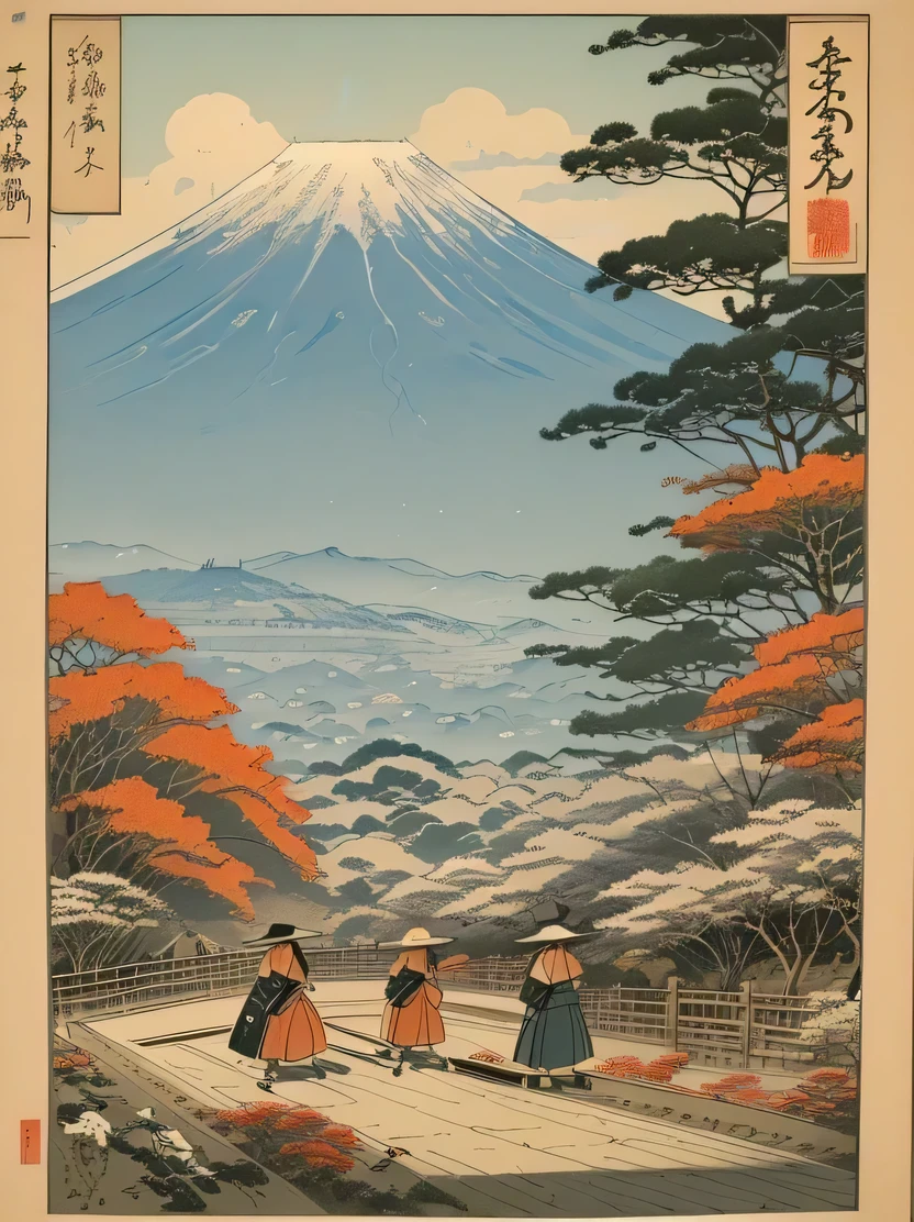 ((masterpiece、Highest quality、Very detailed、High resolution、Realistic、Sharp focus))、((No humans))、Japanese Landscape、Ukiyo-e、Outdoor、Samurai on horsebac. Fuji in the background、Cute Ukiyo-e