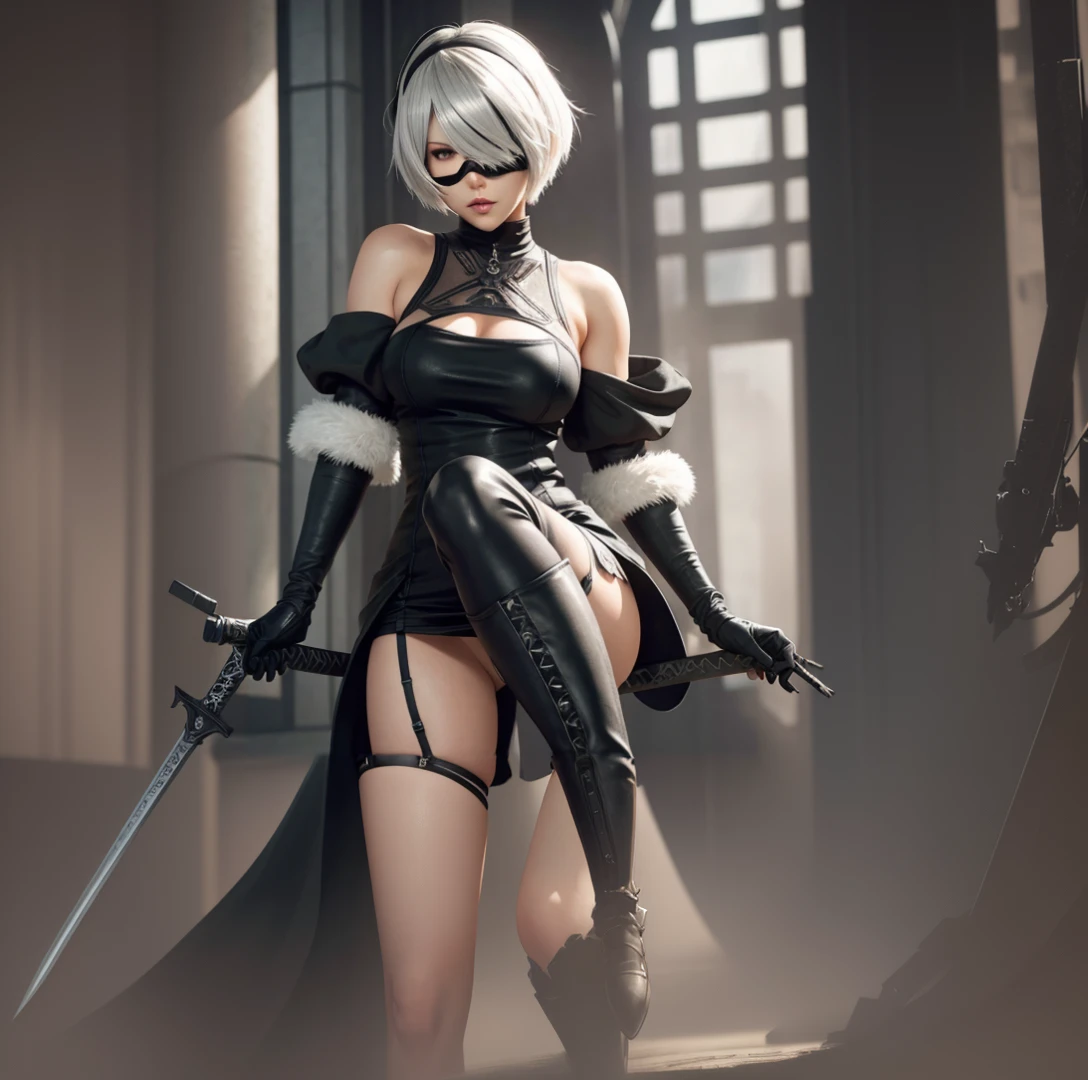 Anime girl with sword and black outfit posing for a photo、2B Nier オートマトン、Nier:Automaton Inspired、Nier オートマタ インスパイア、Nier オートマタの 2 B、Nier オートマタの 2b、2 b、Nier インスパイアー、Nier 2 b、Bad anime 8k、Nier、Female Assassin、8k high quality detailed art