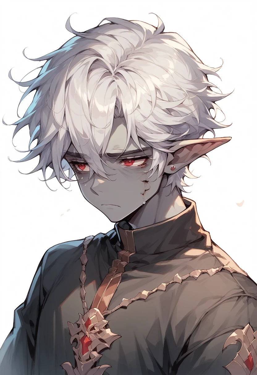 one young elf man, grey skin, short white hair, red eyes dark clothes, tired, sad