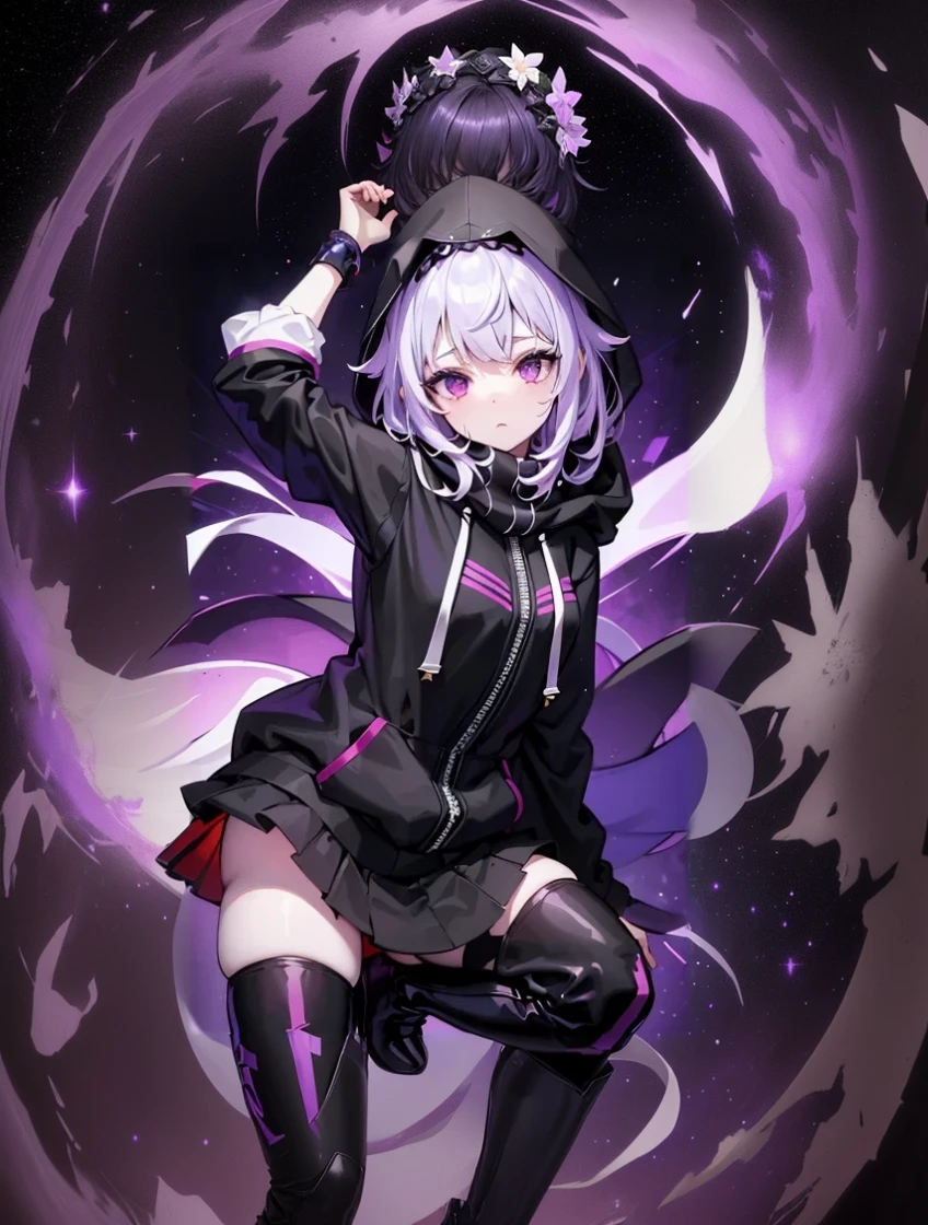 Girl, full body White skin, dark Purple short and messy hair with a black flower crown, Black oversized closed hoodie with a red stripe and with a hood over the head, Black skirt, Black thigh high heel boots, A long purple scarf, Purple eyes, 2 galactic wings, Starry night background.