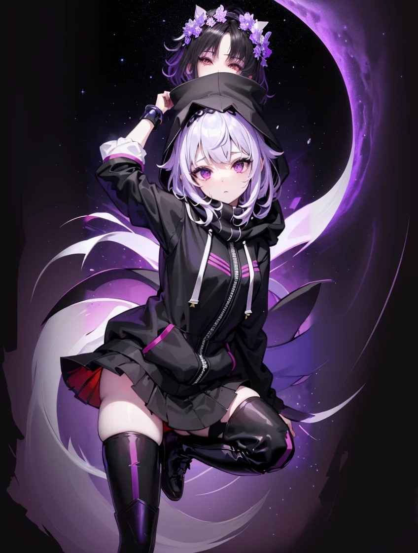 Girl, full body White skin, dark Purple short and messy hair with a black flower crown, Black oversized closed hoodie with a red stripe and with a hood over the head, Black skirt, Black thigh high heel boots, A long purple scarf, Purple eyes, 2 galactic wings, Starry night background.