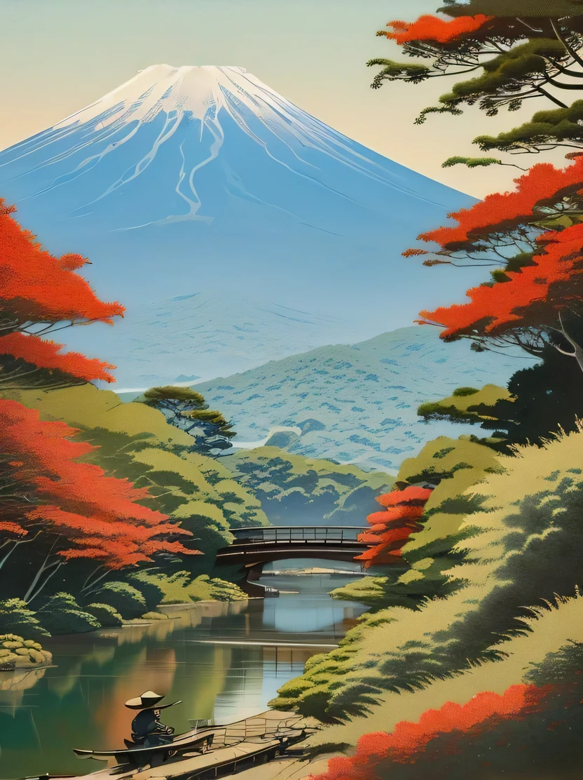 ((masterpiece、Highest quality、Very detailed、High resolution、Realistic、Sharp focus))、((No humans))、Japanese Landscape、Ukiyo-e、Outdoor、Samurai on horsebac. Fuji in the background、Cute Ukiyo-e