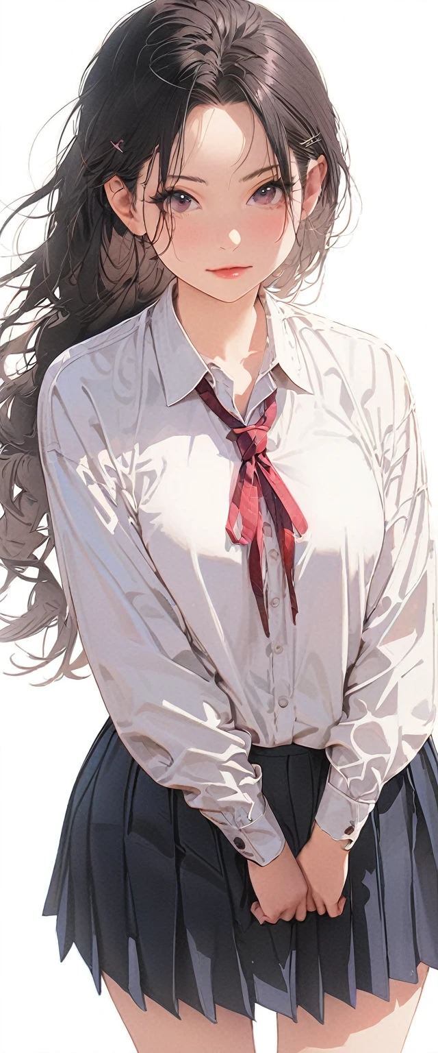 20 years old,1 mature woman,hyperrealistic, 8k, (extremely detailed 8k), (very delicate and beautiful), (masterpiece), (better quality:1.0), (ultra high resolution:1.0), (masterpiece, best quality),cute,black hair,ponytail,POV,full body,white background,realistic skin,collared shirt, pleated skirt, , bow,,model posing