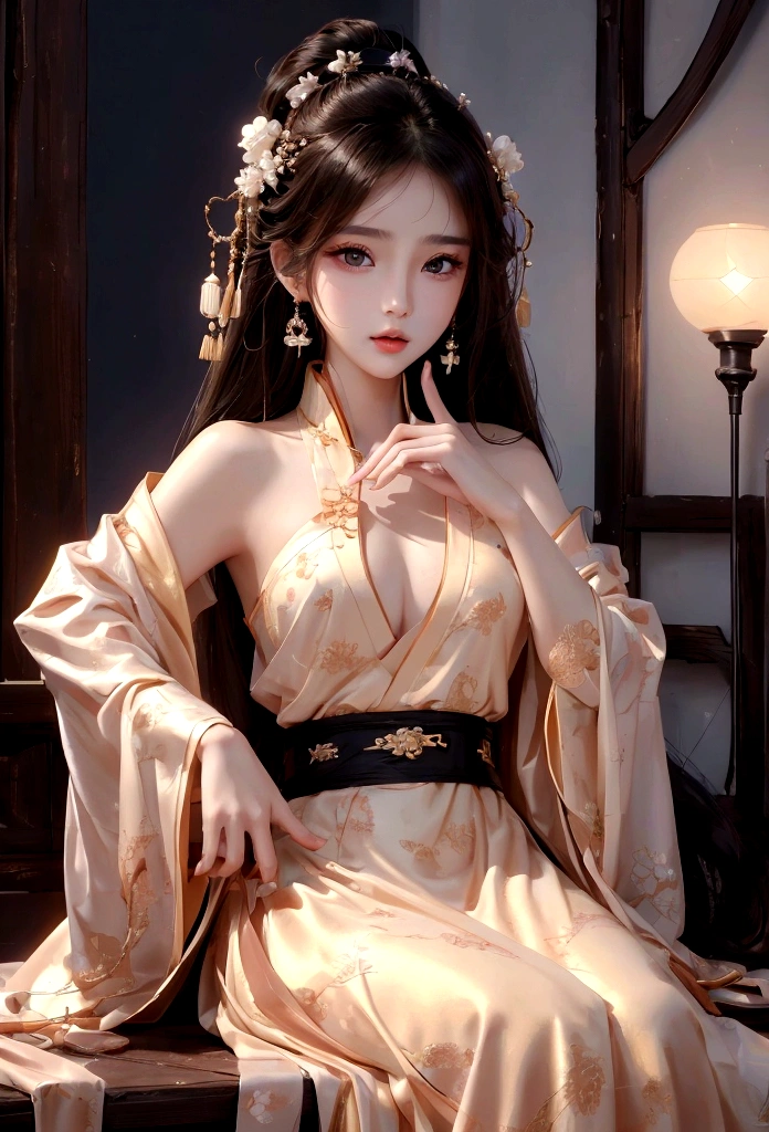 Best image quality、8K、masterpiece：1.3))、Realistic high-quality photos、Highest quality、 Beautiful face、Photos of slim models、Beautiful girl model、Young and pretty face、Beautiful model girl、A lovely and delicate face、Black Hair、Beautiful brown eyes、Young Body、Hanfu, (emphasize)、Camera gaze,、Anatomically correct、胸の谷間をemphasize、whole body、13-year-old female model