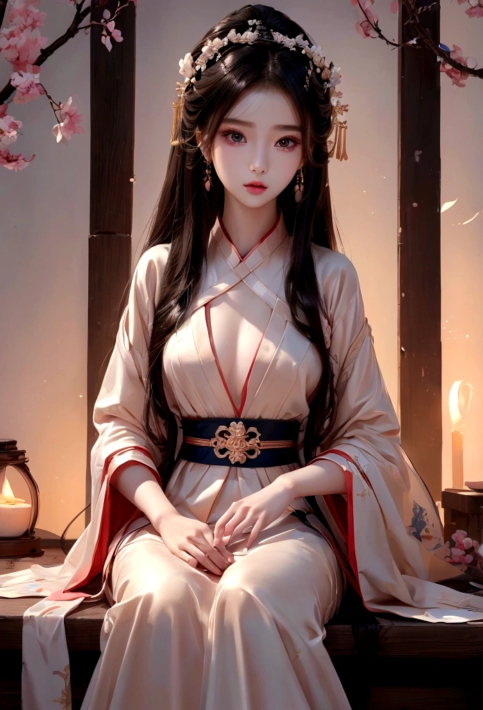 Best image quality、8K、masterpiece:1.3))、Realistic high-quality photos、Highest quality、 Beautiful face、Photos of slim models、Beautiful girl model、Young and pretty face、Beautiful model girl、A lovely and delicate face、Black Hair、Beautiful brown eyes、Young Body、Hanfu, (emphasize)、Camera gaze,、Anatomically correct、胸の谷間をemphasize、whole body、13-year-old female model