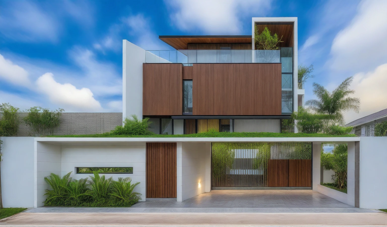 exterior house, contemporary style, white wall, wood wall, steel door, glass window, (realistic:1.2), Masterpiece, high quality, best quality, authentic, super detail, outdoors,road, trees, sky, cloud, (daylight:1.1), modern luxury villa, coconut trees, landscape, along the white beach, clear sky, day time, warm lighting RAW Photo, RAW texture, Super Realistic, 32K UHD, DSLR, soft lighting, high quality, film rating, Fujifilm XT3,Modern, Residential Architecture, car in front of house