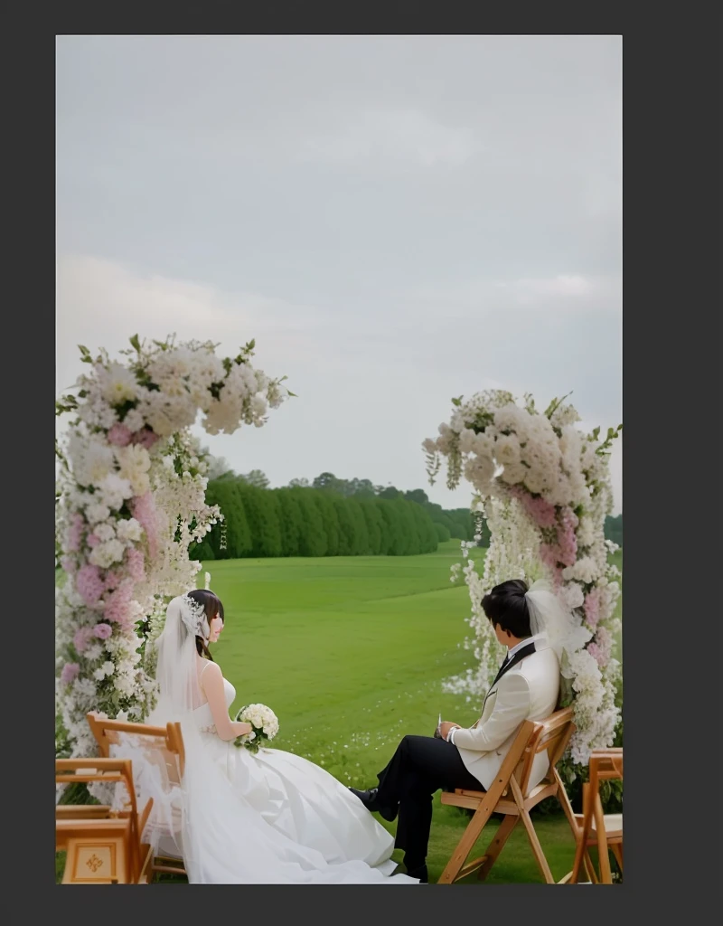 Bride and groom sitting on chairs in front of flower arch, wedding photo, Flower fields in the foreground, wedding, 童话background, Shot with Canon EOA 6 D Mark II, Wide-angle lens!!!!!!, background, Surreal!!!, Nice composition, Overhead shot, luxurious wedding, Photos taken with Canon 5d, 在风景优美的background中, detailed Wide-angle lens 远处有迪迦奥特曼跟他们打招呼