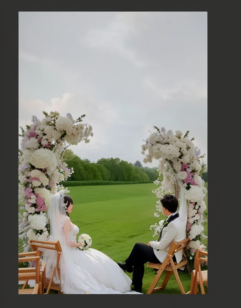 Bride and groom sitting on chairs in front of flower arch, wedding photo, Flower fields in the foreground, wedding, 童话background, Shot with Canon EOA 6 D Mark II, Wide-angle lens!!!!!!, background, Surreal!!!, Nice composition, Overhead shot, luxurious wedding, Photos taken with Canon 5d, 在风景优美的background中, detailed Wide-angle lens 远处有迪迦奥特曼跟他们打招呼
