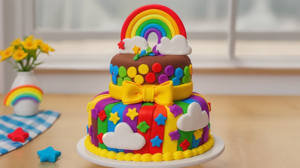 on a wooden table, two-tier cake on a white plate. chocolate cake. polymer clay cake decor, rainbow stripes, rainbow stars, white glazes made of polymer clay, Yellow bow, polymer clay rainbow, brown cream near a rainbow in the shape of clouds. на деревянном столе голубая сккатерть в клеточку на которой лежат rainbow stars и polymer clay rainbow. against the background of the kitchen, against the background of the window, Beautiful light from the window, Beautiful sunlight, bright lighting, there is a vase with a plant on a wooden table. Realistic style, realistic texture, detailed texture, high quality, A high resolution, macro photography, ultra hd 4k,