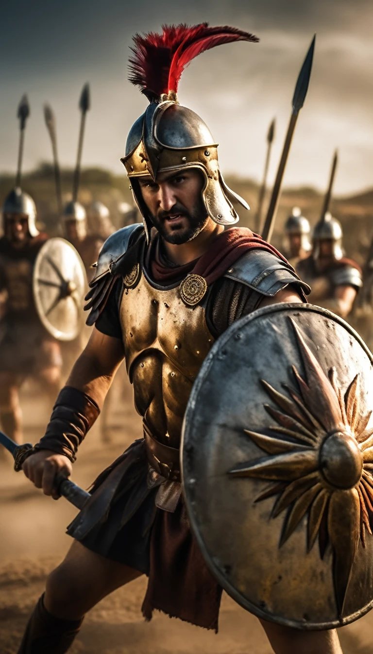 photography of a men wearing feathered helmet and shields and spears in a field, leading spartans into battle, ancient battlefield, trojan war, background of invading army, distant battle of cannae 216 bce, invading army background, sneering roman legioneer, fall of rome, spartan, 4 0 0 , 3rd century , roman centurion, wielding a spear, battle atmosphere background, hyper realistic, ultra detailed hyper realistic, photorealistic, Studio Lighting, wearing a gold crown, reflections, dynamic pose, Cinematic, Color Grading, Photography, Shot on 50mm lens, Ultra-Wide Angle, Depth of Field, hyper-detailed, beautifully color, 8k