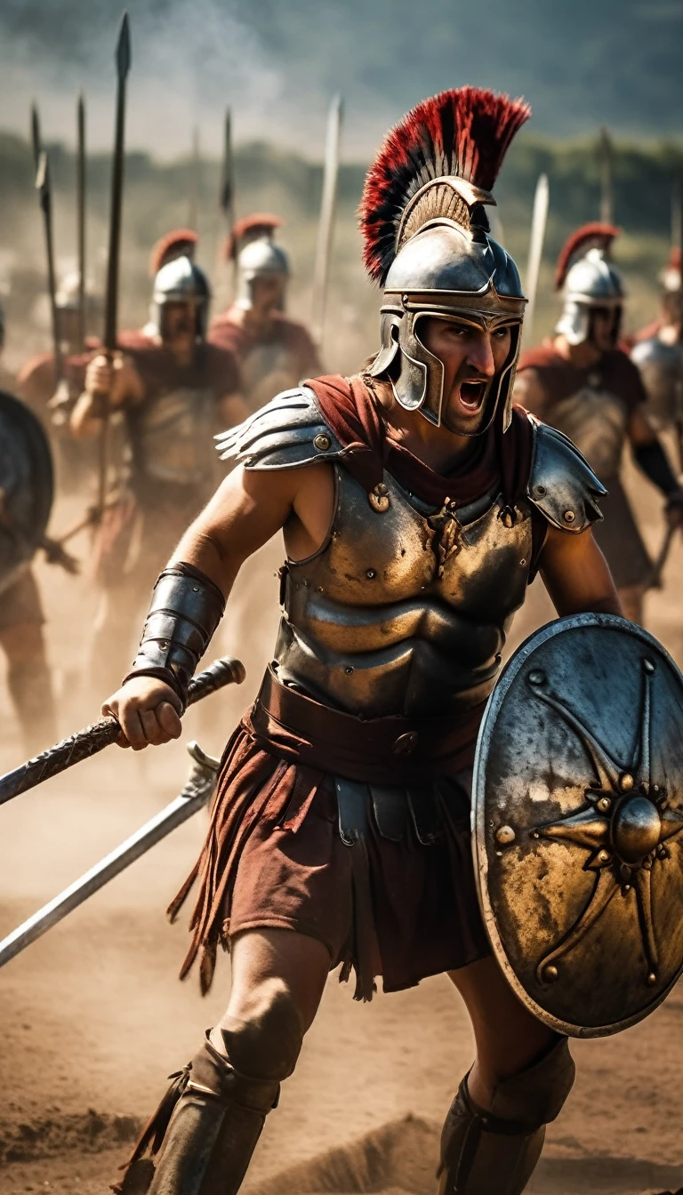 photography of a men wearing feathered helmet and shields and spears in a field, leading spartans into battle, ancient battlefield, trojan war, background of invading army, distant battle of cannae 216 bce, invading army background, sneering roman legioneer, fall of rome, spartan, 4 0 0 , 3rd century , roman centurion, wielding a spear, battle atmosphere background, hyper realistic, ultra detailed hyper realistic, photorealistic, Studio Lighting, wearing a gold crown, reflections, dynamic pose, Cinematic, Color Grading, Photography, Shot on 50mm lens, Ultra-Wide Angle, Depth of Field, hyper-detailed, beautifully color, 8k