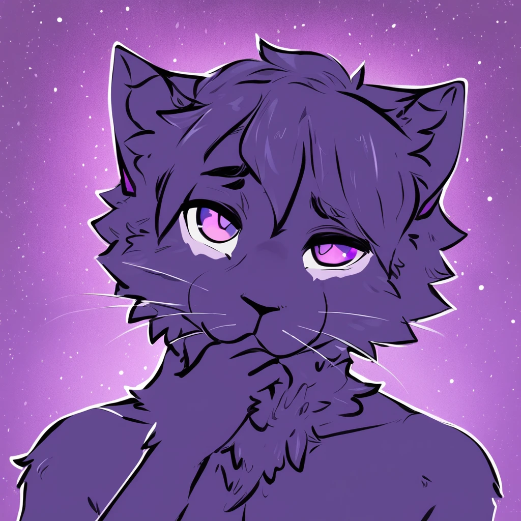 adult, feline, mammal, anthro, anthropomorphic, cat, striped, fur, striped_feline, fur, male, light_purple, purple_hair, fluffy, dark_purple, purple_chest, shy, small_pupils, digital_art, high_resolution, high_res, hand-drawn, pencil_lines, head_visible, background, neck_visible, seductive_face, detailed_line_work, profile_picture, head_visible, purple_galaxy_background,