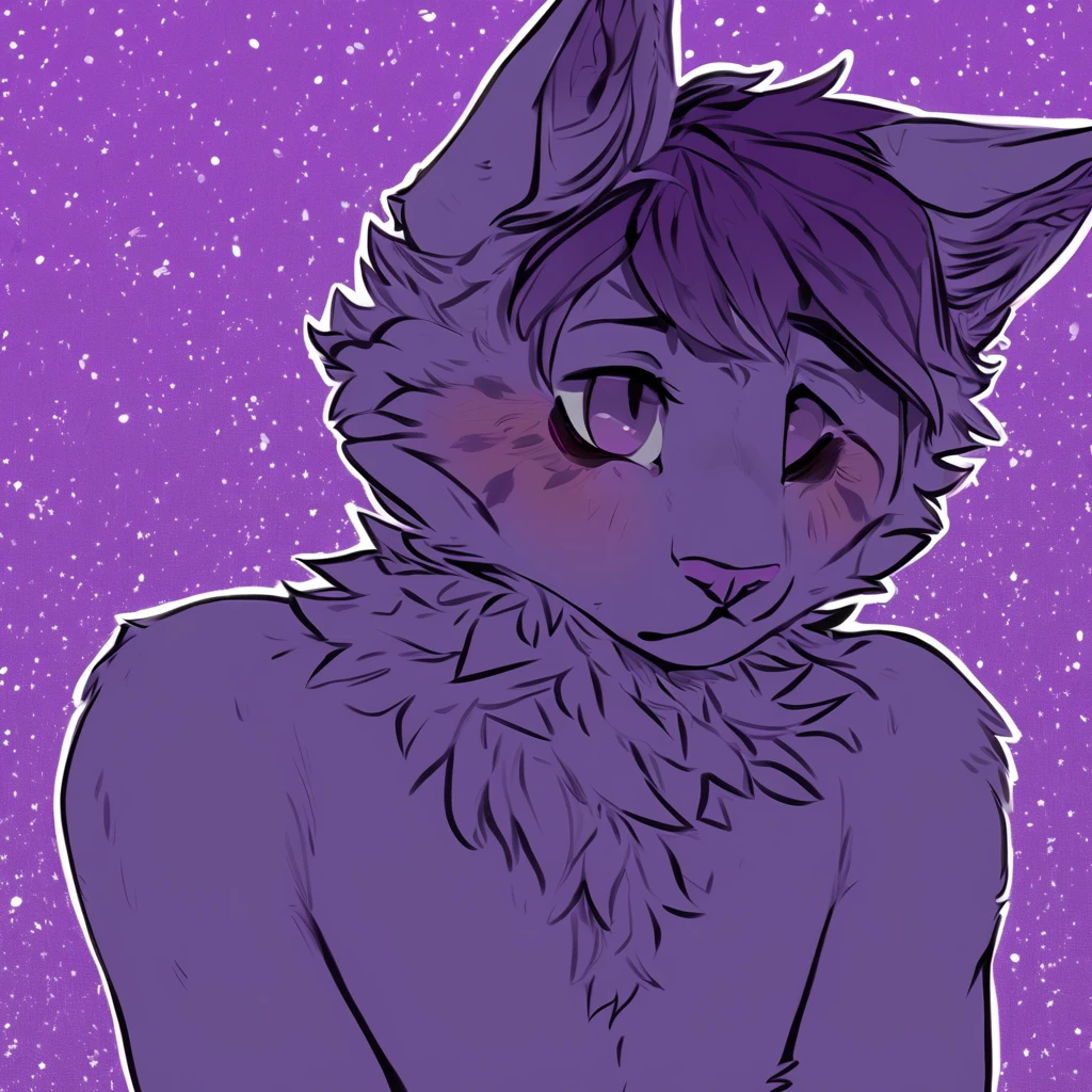 adult, feline, mammal, anthro, anthropomorphic, cat, striped, fur, striped_feline, fur, male, light_purple, purple_hair, fluffy, dark_purple, purple_chest, shy, small_pupils, digital_art, high_resolution, high_res, hand-drawn, pencil_lines, head_visible, background, neck_visible, seductive_face, detailed_line_work, profile_picture, head_visible, purple_galaxy_background,
