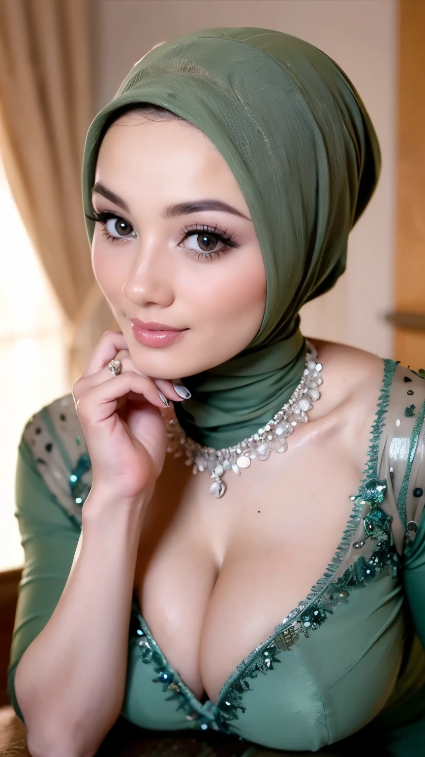 Hyper realistic, Beautiful, cute Face, 18 Years old indonesian ****ta Girl, (wearing blue tosca hijab), nude, naked, large Rounded Breast, luxury necklace, White Skin, sensual bedroom Background, Perfect Potrait, Bokeh Effect, Look at Viewer, Perfect Eye, Perfect Hand, Perfect Finger, ((adorable:1.2)), ((masterpiece:1.1)), ((bokeh:1.2)), dynamic seductive pose, (seductive smile), flirting eyes