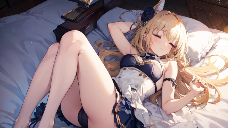 best quality,Super detailed,Perfect limbs,floor、mini skirt,Clothes with intricate details,Bright,Swimsuit,one person,blond,Sexy、Deep sleep、long hair、Stockings