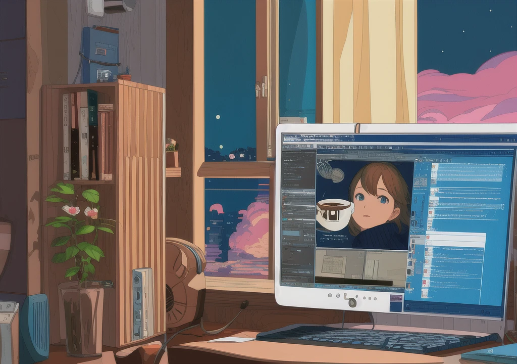 Night room,coffee,headphone,One Girl,Looking at a computer,Lofi music,Chill