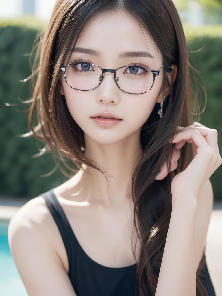 a cute woman, 8K, beautiful detailed eyes, upper body, beautiful detailed lips, extremely detailed eyes and face, long eyelashes, slender body, thin face, delicate features, flawless porcelain skin, glistening sweat, realistic, tank top, mini skirt, one-person viewpoint, Fuji Film, F/1.2, masterpiece, nffsw, super detail, high quality, best quality, high resolution, glasses, mole under right eye, hands not visible