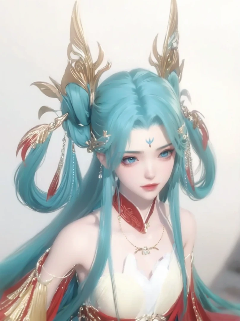 一个Blue long hair的动漫女性，Clean shoulders，8K，Fine hair，The roots are clear，Clean and tidy clothes，Complex hair accessories，Hair falls on the shoulders，Mermaid，The lower body is a mermaid，，（Best quality，masterpiece：1.2），Ultra-high resolution，Realistically，Front lighting，Intricate details，Exquisite details and textures，（1 Girl），solo，Upper part of the body，Red Hanfu，Petal pattern，漂亮的绿色big eyes，Beautiful face，For the audience，ribbon，gossamer，（young），Facial highlights，Detail production，Tear mole，White skin，Blue long hair，，Looking at the audience，big eyes，（Openwork pattern），earring，Slim figure，White background，The right hand，Professional lighting，Photon Mapping，Radio City，Physically Based Rendering