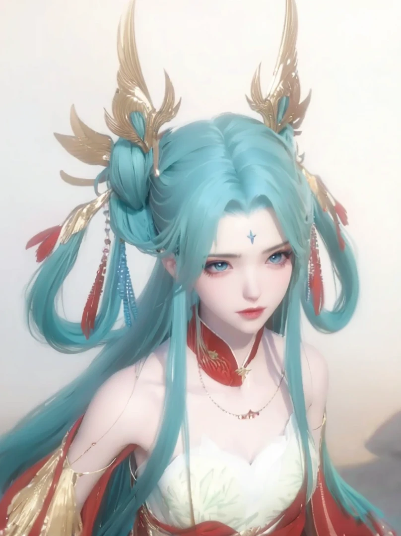 一个Blue long hair的动漫女性,Clean shoulders,8K,Fine hair,The roots are clear,Clean and tidy clothes,Complex hair accessories,Hair falls on the shoulders,Mermaid,The lower body is a mermaid,,(Best quality,masterpiece:1.2),Ultra-high resolution,Realistically,Front lighting,Intricate details,Exquisite details and textures,(1 Girl),solo,Upper part of the body,Red Hanfu,Petal pattern,漂亮的绿色big eyes,Beautiful face,For the audience,ribbon,gossamer,(young),Facial highlights,Detail production,Tear mole,White skin,Blue long hair,,Looking at the audience,big eyes,(Openwork pattern),earring,Slim figure,White background,The right hand,Professional lighting,Photon Mapping,Radio City,Physically Based Rendering