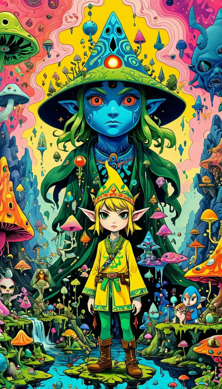 whole body, The Legend of Zelda game characters, Zelda Comics, man, Zelda character ff, Ian Mack's style, Chen Taimei, Fashionable clothing design, Horror Dungeon Description, Jean Baptiste Monge, academia,Psychedelic Abstract Art, puzzling, melt, Bright colors, Michael DeForge (Michael Deforge) Inspired by Pop Art, Mumford, tumblr, Psychedelic Art, Psychedelic illustration, Psychedelic Trip, Psychedelic Trip, retro Psychedelic illustration, Psychedelic Art style, psychedelic style, Surreal psychedelic design, LSD Trip, Psychedelic Fever Dream, psychedelics, Shaman horror LSD art, psychedelics
