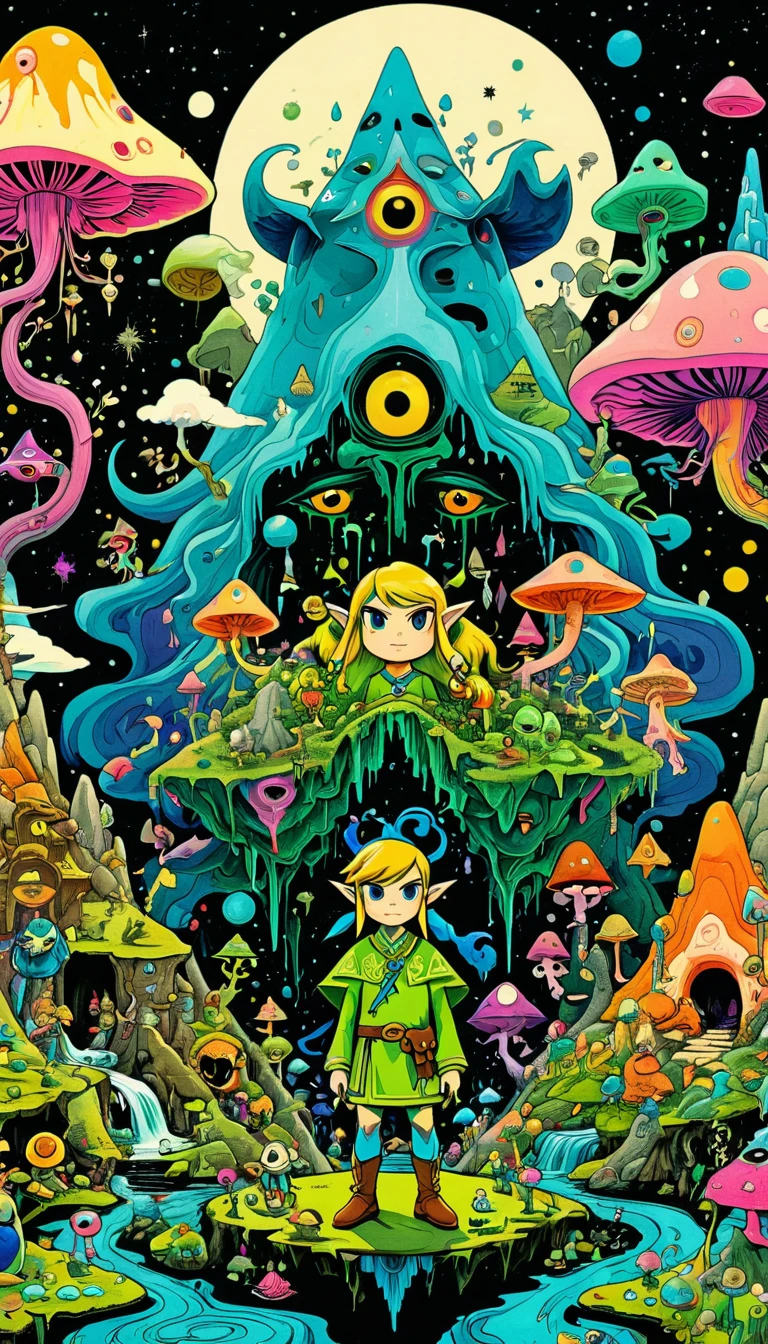 whole body, The Legend of Zelda game characters, Zelda Comics, man, Zelda character ff, Ian Mack's style, Chen Taimei, Fashionable clothing design, Horror Dungeon Description, Jean Baptiste Monge, academia,Psychedelic Abstract Art, puzzling, melt, Bright colors, Michael DeForge (Michael Deforge) Inspired by Pop Art, Mumford, tumblr, Psychedelic Art, Psychedelic illustration, Psychedelic Trip, Psychedelic Trip, retro Psychedelic illustration, Psychedelic Art style, psychedelic style, Surreal psychedelic design, LSD Trip, Psychedelic Fever Dream, psychedelics, Shaman horror LSD art, psychedelics