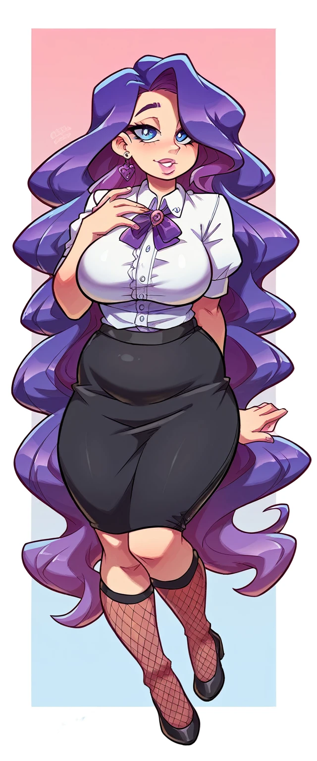 an overweight girl sexy big breast beautiful tenderness long soft wavy purple hair her light blue eye bright pink lip she wears a white shirt under a purple blouse and a short black skirt sexy curve long net socks black big thigh sexy long black heels in love love