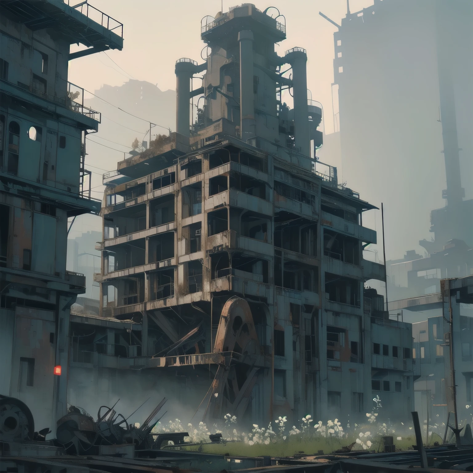 Detailed Machinery、Abandoned Factory、Atrium、White Flower Field、(((Broken and rusty heavy machinery)))、Pitch Black Night、Blue dark、fog、Detailed Background、Top Quality、(((No humans)))
