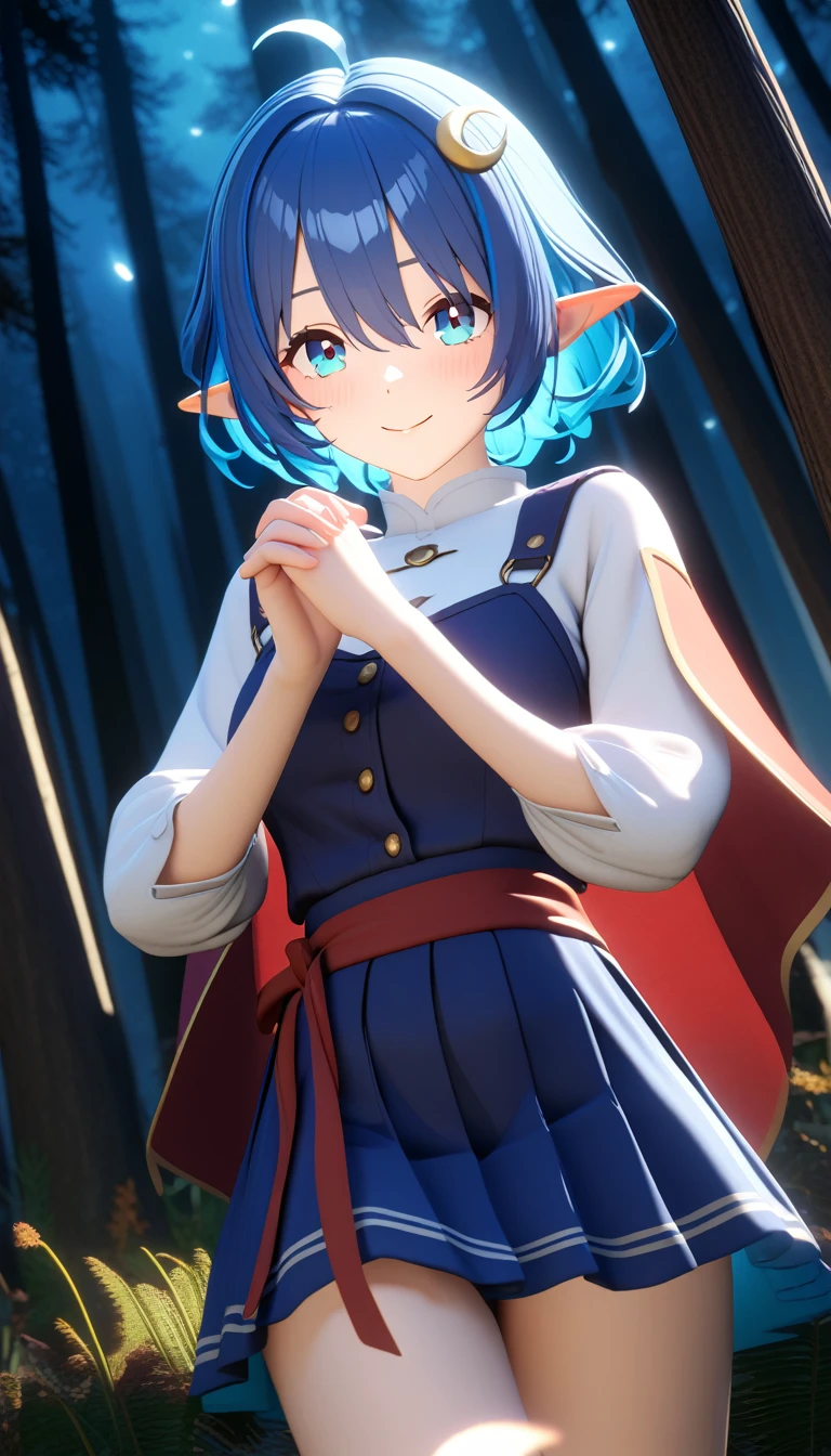 1girl, RENA LANFORD, 1GIRL, AHOGE, BLUE HAIR, SHORT HAIR, BLUE EYES, POINTY EARS
CRESCENT HAIR ORNAMENT, RED CAPE, BLUE VEST, LEATHER ARMOR, RED RIBBON, WAIST RIBBON, BLUE SKIRT, MINISKIRT, SHOES, BREAK kawaii, smile, cowboy shot, own hands clasped, forest, night, lightning bug, light particle, BREAK detailed face, smooth skin, cinematic lighting, volumetric shadow, BREAK 3D, CG illustration, (masterpiece:1.2), (best quality:1.2), (very aesthetic:1.2), (absurdres:1.2), (detailed background), newest, (intricate:1.2), 