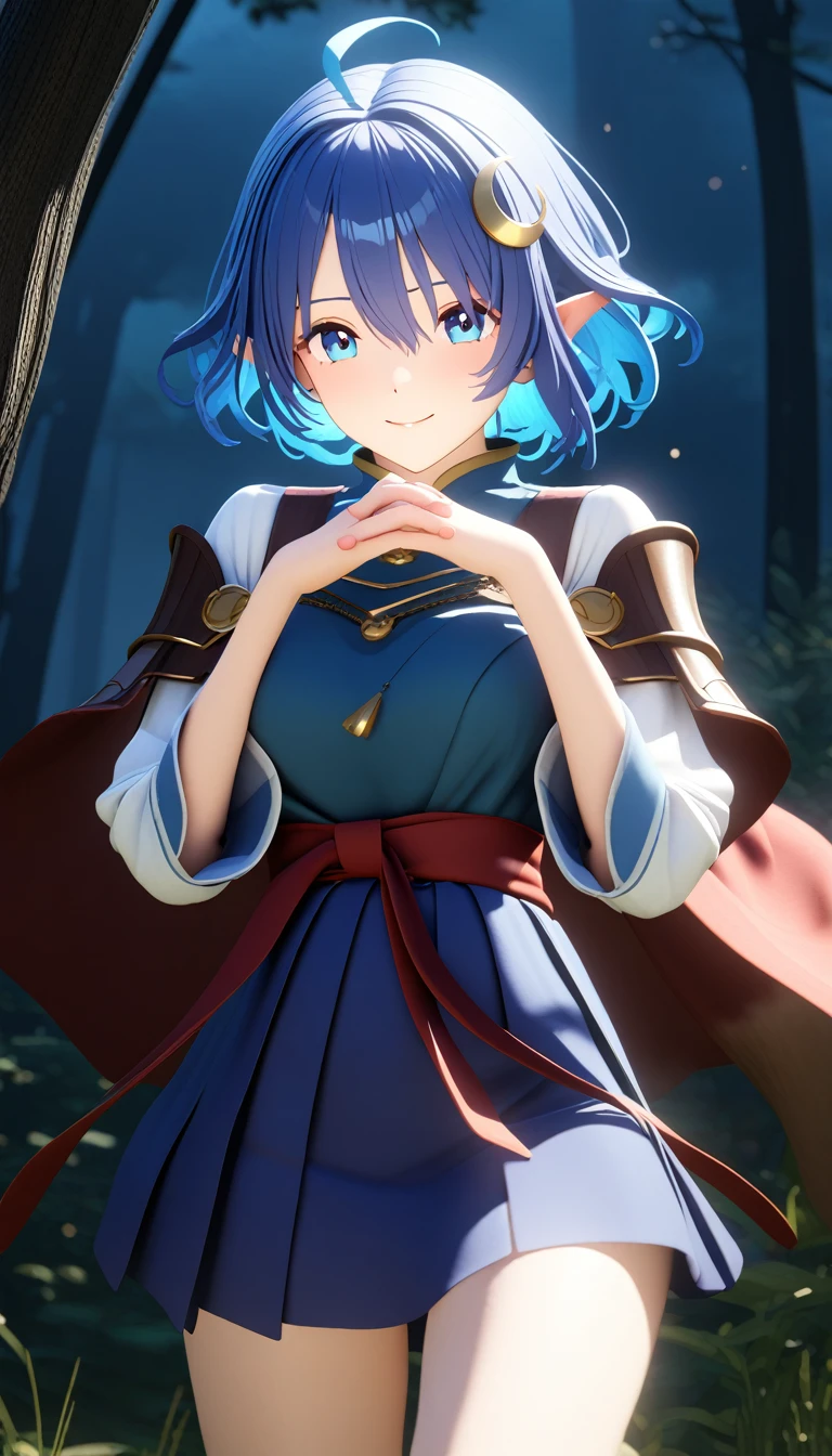 1girl, RENA LANFORD, 1GIRL, AHOGE, BLUE HAIR, SHORT HAIR, BLUE EYES, POINTY EARS
CRESCENT HAIR ORNAMENT, RED CAPE, BLUE VEST, LEATHER ARMOR, RED RIBBON, WAIST RIBBON, BLUE SKIRT, MINISKIRT, SHOES, BREAK kawaii, smile, cowboy shot, own hands clasped, forest, night, lightning bug, light particle, BREAK detailed face, smooth skin, cinematic lighting, volumetric shadow, BREAK 3D, CG illustration, (masterpiece:1.2), (best quality:1.2), (very aesthetic:1.2), (absurdres:1.2), (detailed background), newest, (intricate:1.2), 