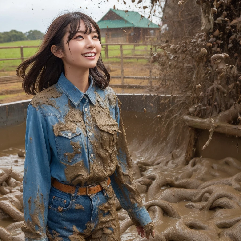 One girl, ,smile, High-resolution images, Asian,A lot of mud falls,woman, 彼女の服はCovered in mudになっている, Wet clothes,Captivatingly shining eyes. Covered in mud,Wearing a long sleeve denim shirt and jeans,soaked jeans, She is standing in the swamp. , captured in the style of a magical forest arツーork., (masterpiece, Highest quality, Official Art,Intricate details:1.2)